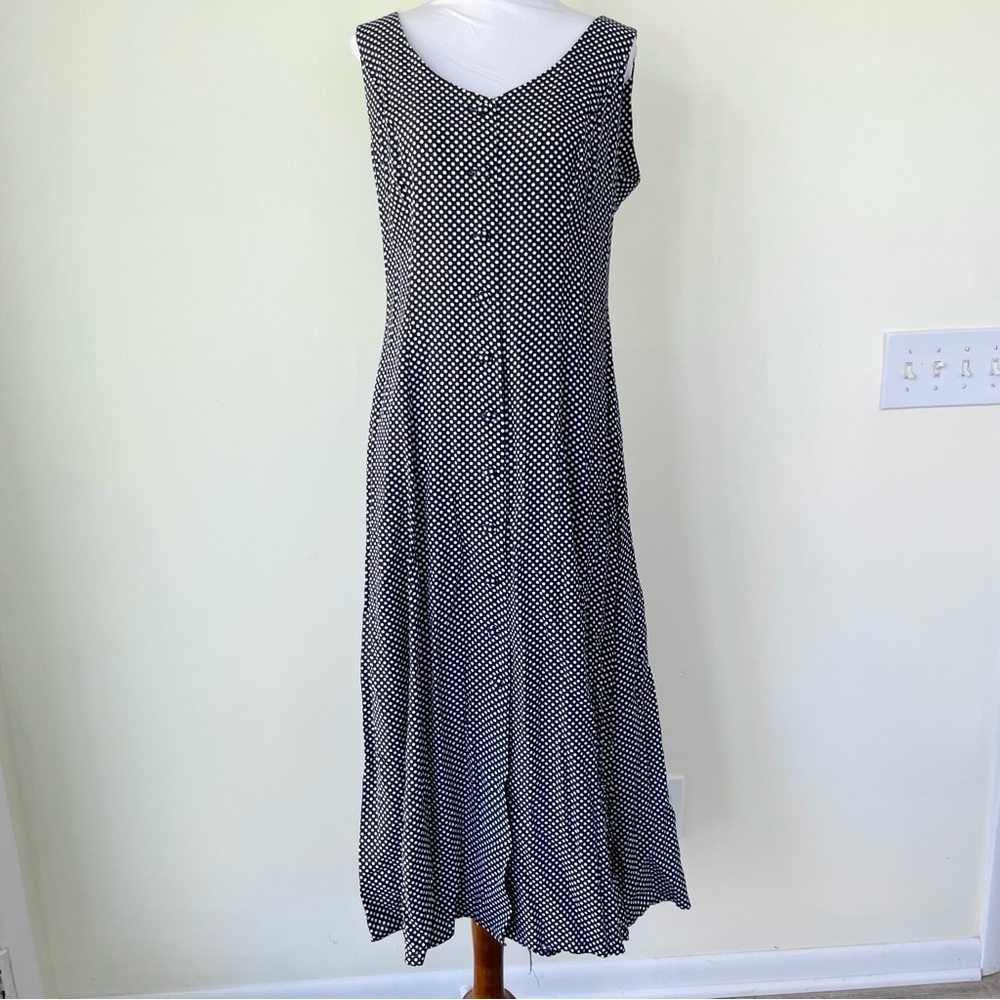 Vintage Creations Joseph Ribkoff Navy Blue Polka Dot Midi Dress Front Buttons 12
